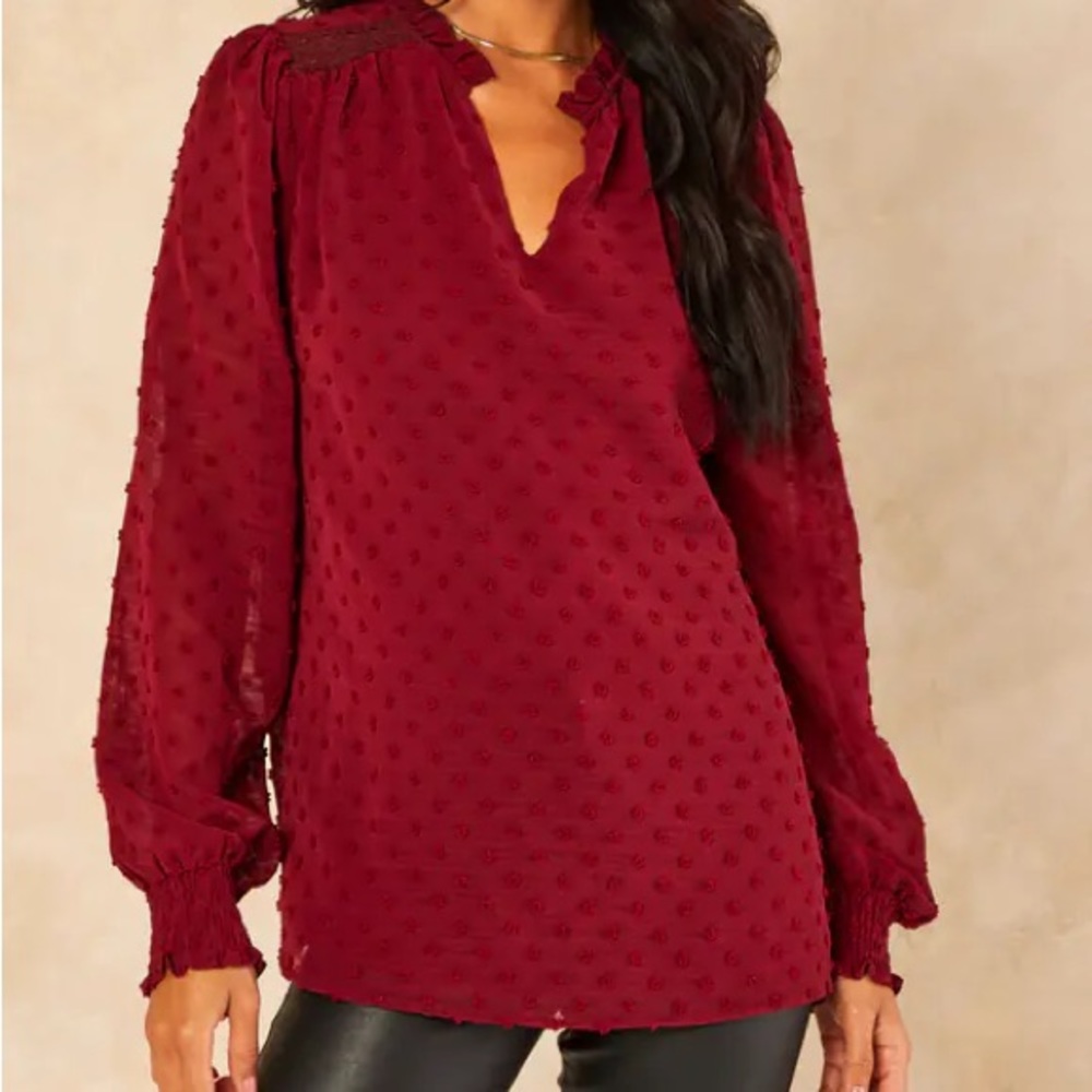 Anthropologie Meadow Rue Burgundy Red Long sleeve button down w top bow tie